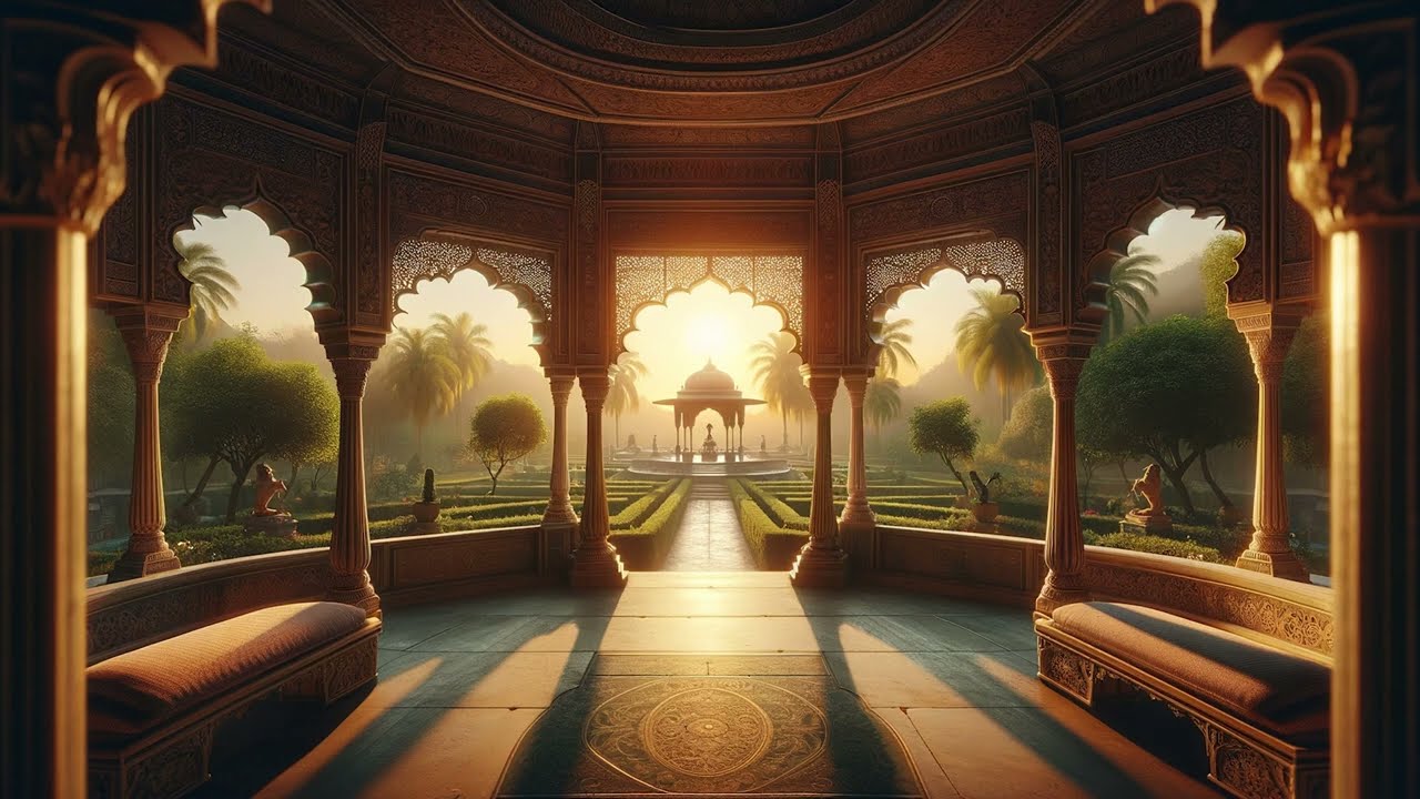 Zoom Interior view of palace gazebo looking out to a garden at sunset photo real cinematic atmosp