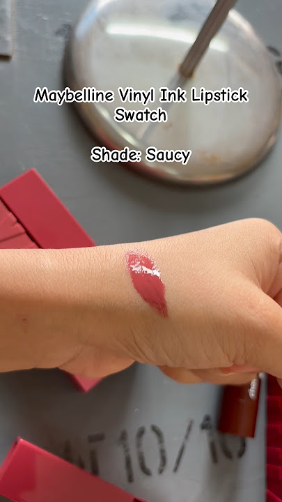 Maybelline vinyl ink lipstick hand lip swatch shade saucy, long stay, transfer proof, affordable