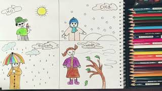 رسم فصول السنه بطريقه سهله وبسيطه /Learn How to draw a cold and hot and raining and windy #art