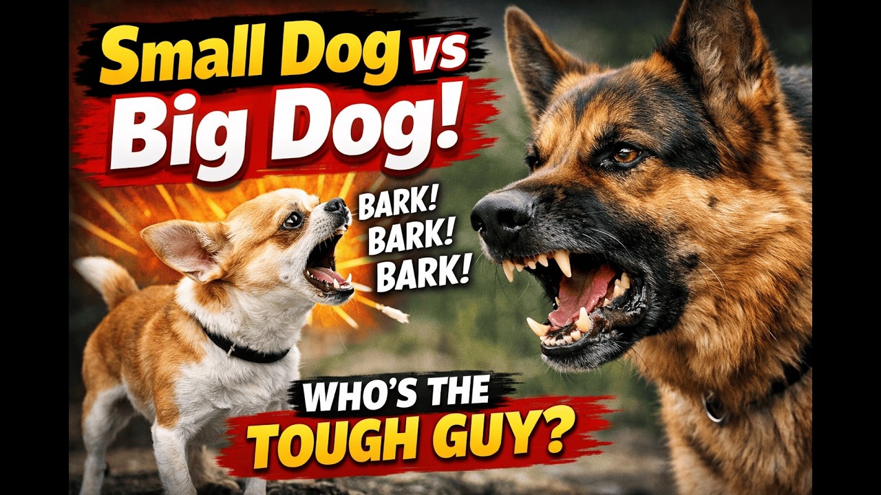 Tiny dog barking fearlessly at a giant dog! Size doesn't matter when courage speaks loud!