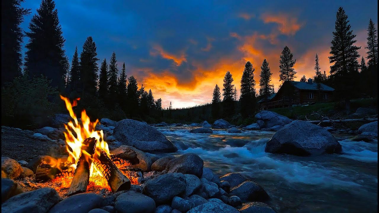 Cloudy Afternoon in a Cozy Forest Cabin | Crackling Campfire by the River for Relaxation | 4K