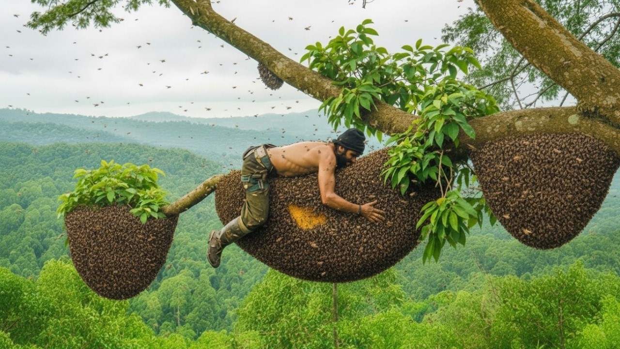 extreme wild honey hunt harvesting 2 honeycombs from a... The Dangerous Art of Wild Honey Harvesting High in the Trees - YouTube