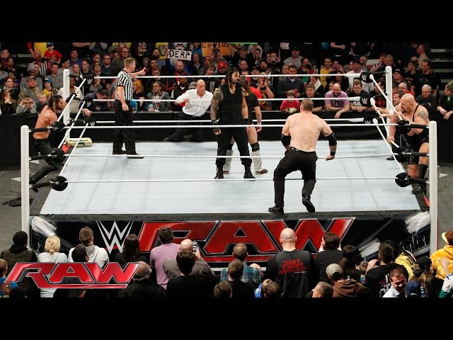 Daniel Bryan u0026 Roman Reigns vs. Seth Rollins, Big Show, Kane u0026 Ju0026J Security: Raw, February 9, 2015 class=