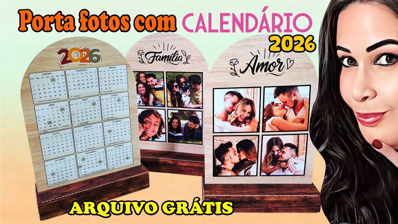Porta fotos estilo madeira com calendário 2026 | molde grátis 