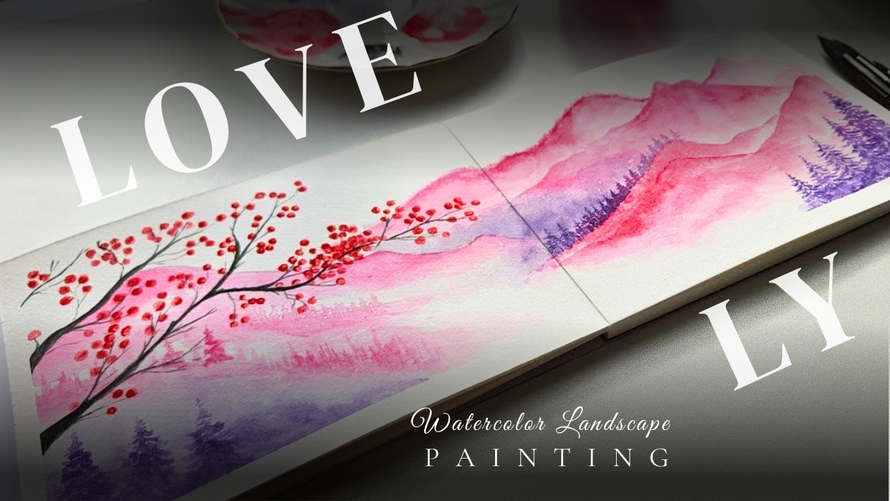 LOVE in the Mountains | Dreamy Pink & Violet Watercolor Landscape