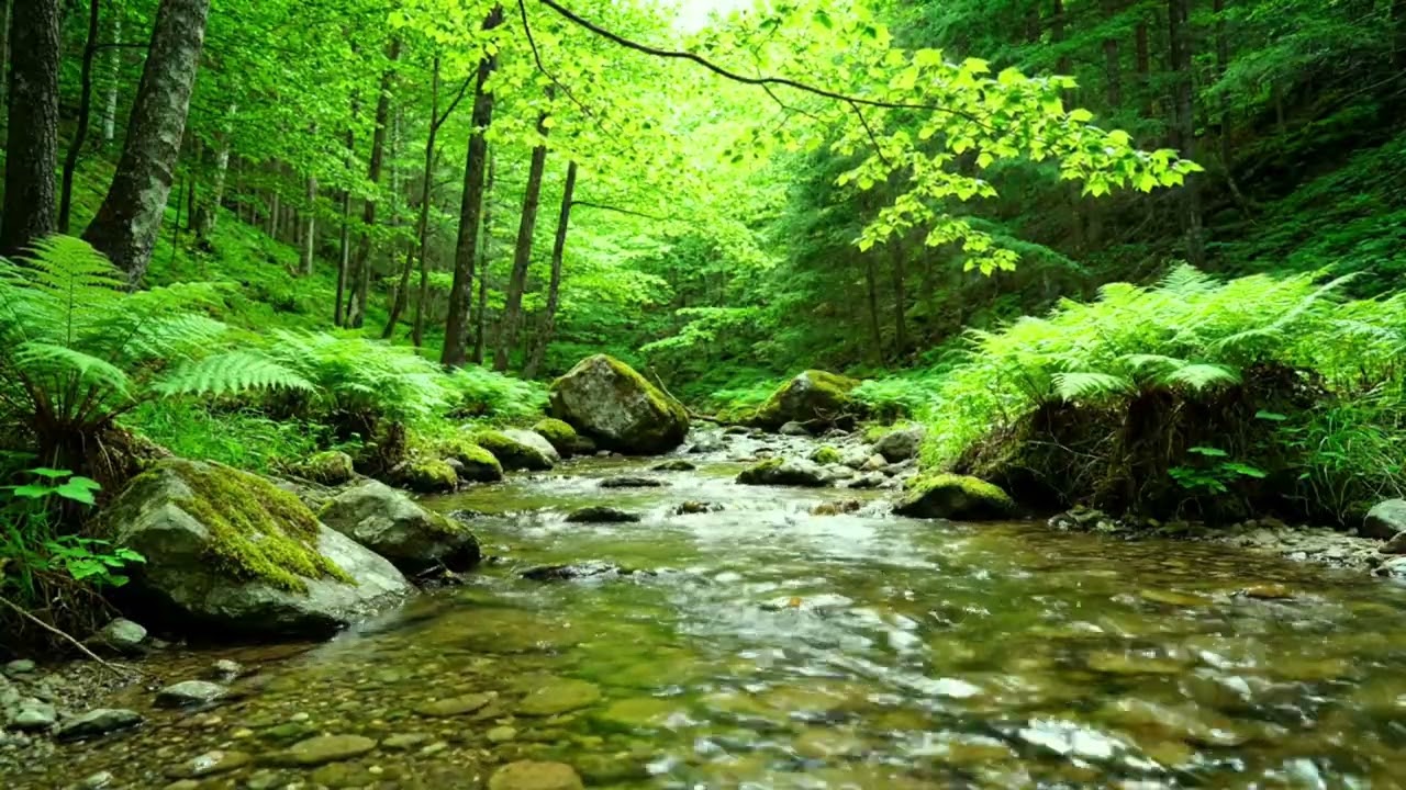 Спокойное течение реки с щебетанием птиц и естественными звуками для глубокого сна и релаксации