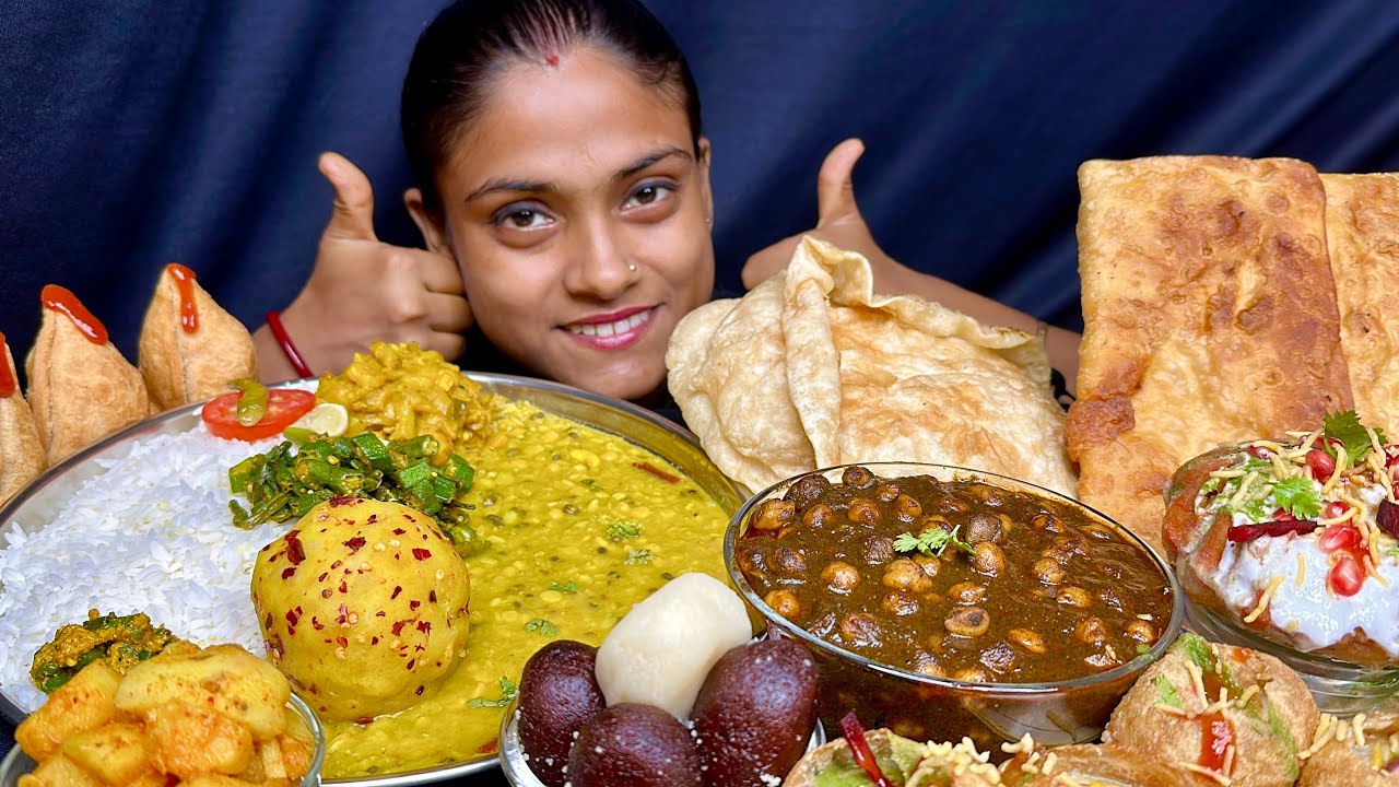 Spicy Chole Bhature Dal Chawal Aloo Bhorta Bhindi Fry Raj Kachori Dahi Puri Samosa Sweet Eating