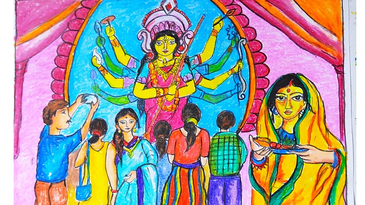 bengali festival durga puja scenery drawing step by step drawing|| durga puja drawing