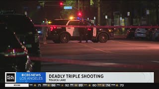 Police continue their search for a group of gunman that killed three people in Toluca Lake