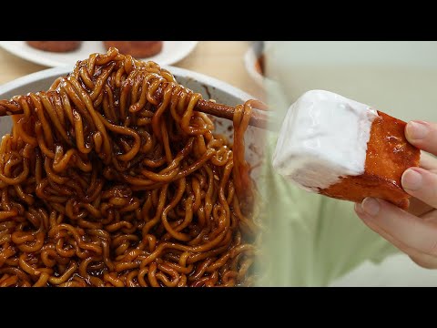 <strong>Spam</strong> n mixed jjapagetti and fire noodles Mukbang