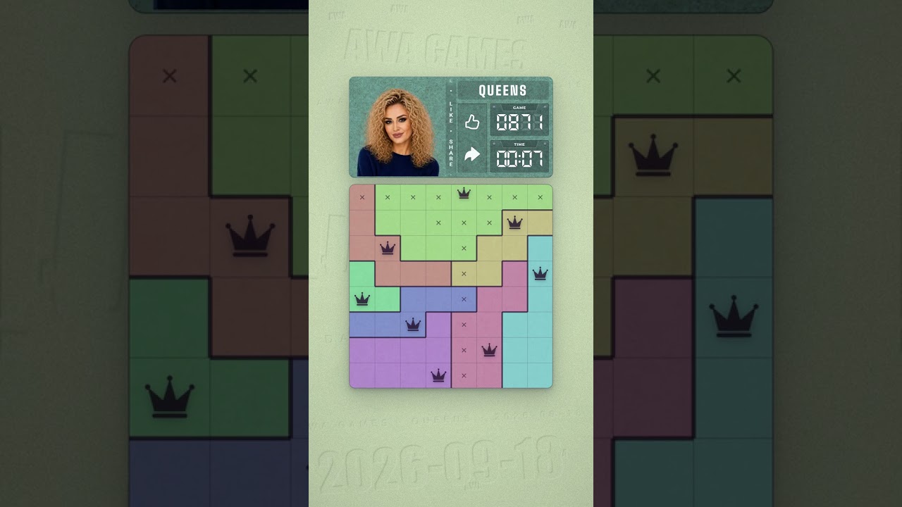 LinkedIn Queens #871 solved board for September 18, 2026, 8x8 grid