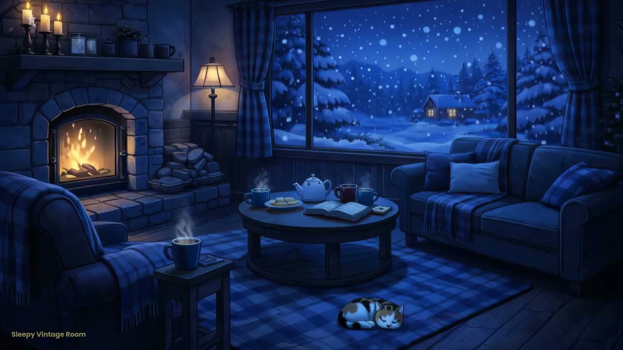 Old Jazz Night Ambience  | Cozy Cabin, Fireplace, Snow Falling Outside 