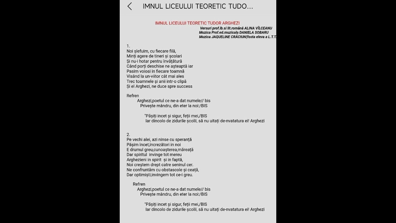 Imnul Liceului Teoretic ”Tudor Arghezi”, Craiova