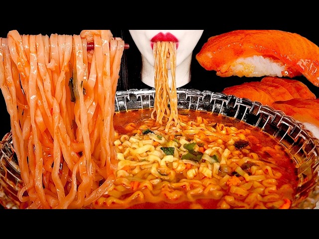ASMR MUKBANG | 진짬뽕, 연어초밥 먹방 Spicy Noodles(Jinjjamppong), Salmon Sushi | Eating Sounds