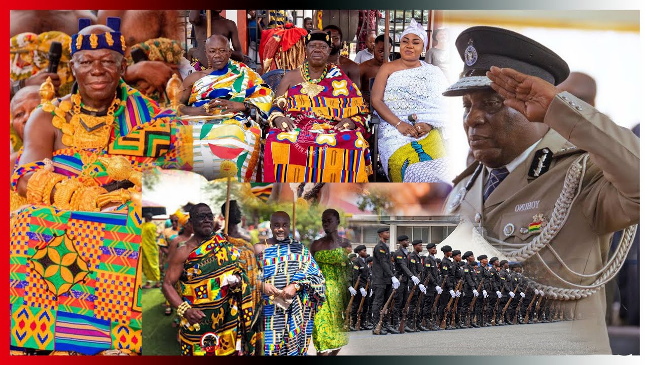 Otumfour seated after the police parade , the celebration continues