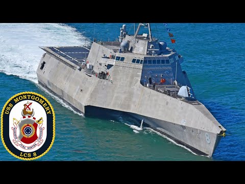 US Navy fast trimaran testing armament. Independence-class littoral combat ship.