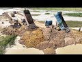 Incredible new road building technology strong bulldozer pushing clearing dirt stone dump truck