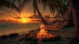 ( NO ADS) Sunset Serenity by the Palm Shore 🌅🔥 | Ocean Waves & Crackling Fire Ambience