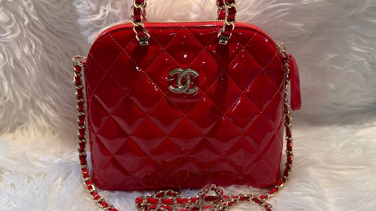CHANEL Patent Calfskin Quilted Clutch With Chain in Red Bag