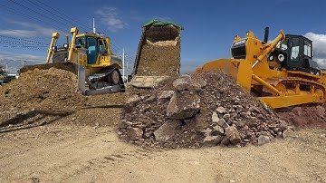 Nicely! Landfill Task Using Dozer Shantui DH17C3 Pushing Stone & Dump Truck 25Ton Dumping Stone