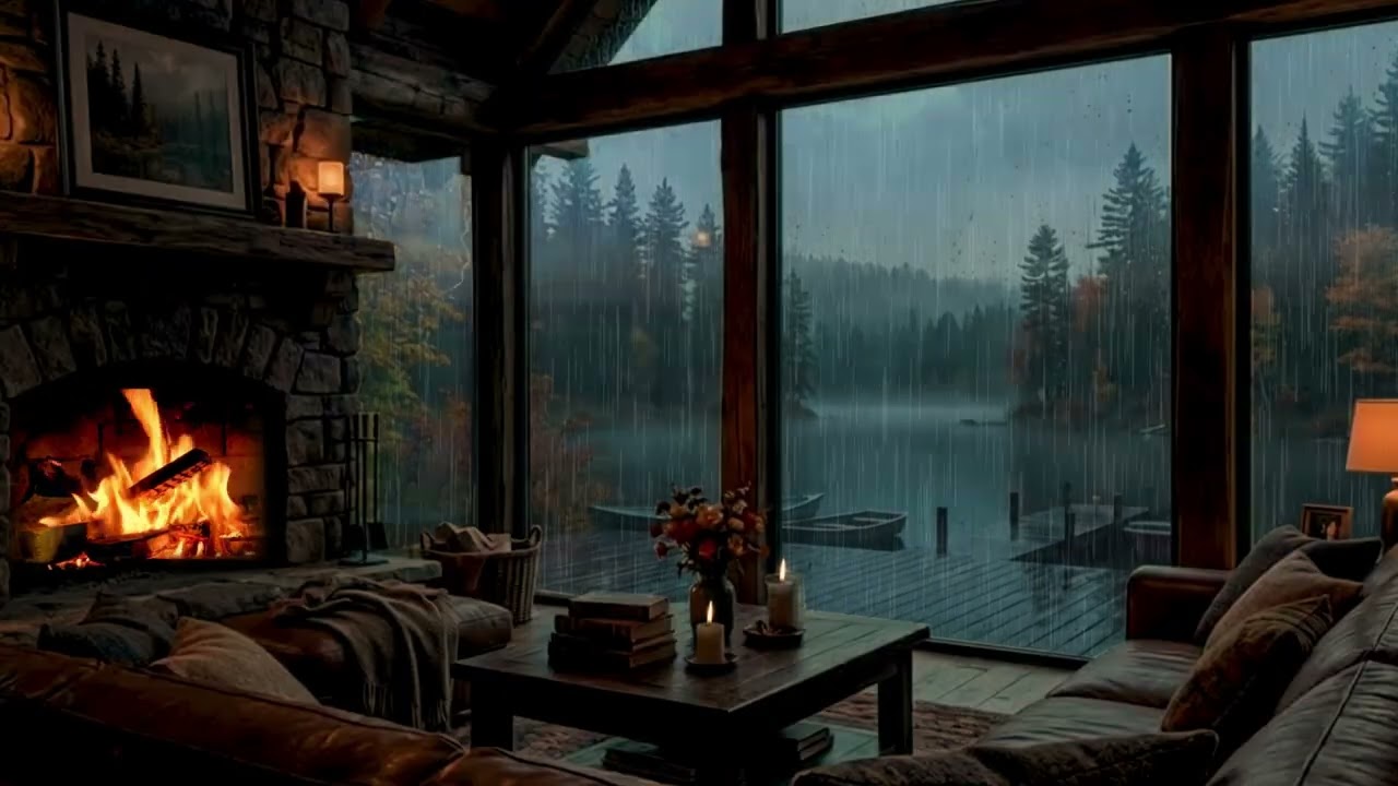 Cozy Cabin Fireplace with Rain | Relaxing Night Ambience