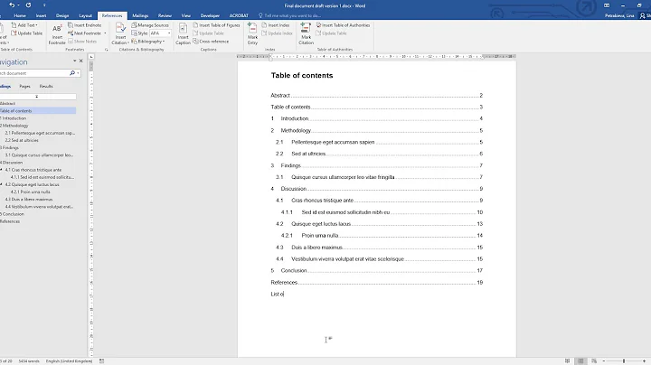 Using page breaks, creating Table of contents, List of figures, List of tables in a dissertation