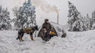 Caught in a Heavy Snowfall - Winter Camping in a Deep Snow, Hot Tent, Wood Stove, Cold Weather