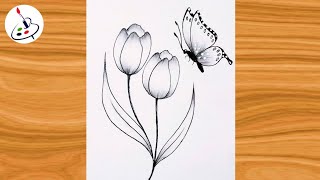 How to draw a Butterfly on Flower 🌷🌷||Simple Pencil Sketch||Easy Drawing ideas for Beginners 