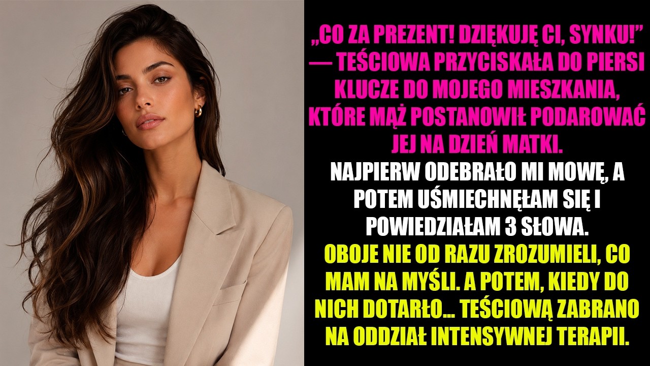 Wróciłam do domu zmęczona po pracy, a na stole czekała świąteczna kolacja. Mąż promieniał, a teściowa przyciskała do piersi moje klucze do mieszkania. "Mamo, to nasze mieszkanie, prezent dla...