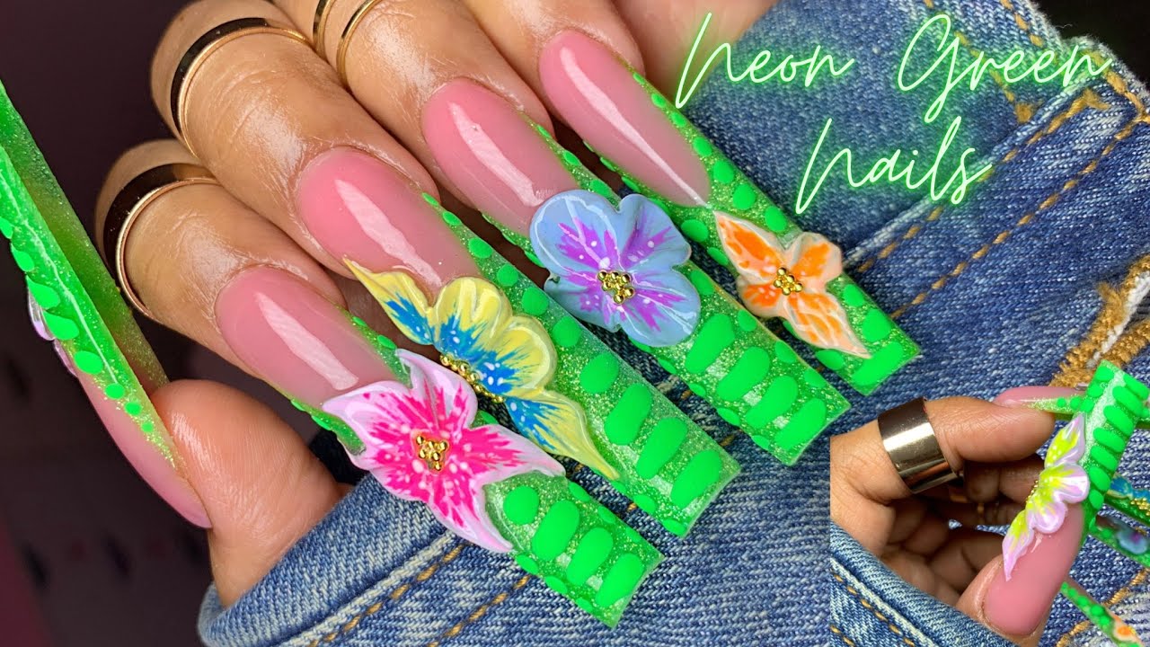 ACRYLIC FRECH GREEN NAILS 💚🌺/SUMMER NAILS WITH CROC PRINT