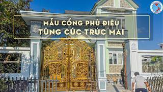 Mẫu cổng nhôm đúc phù điêu Tùng Cúc Trúc Mai với kiến trúc nhà mái Thái