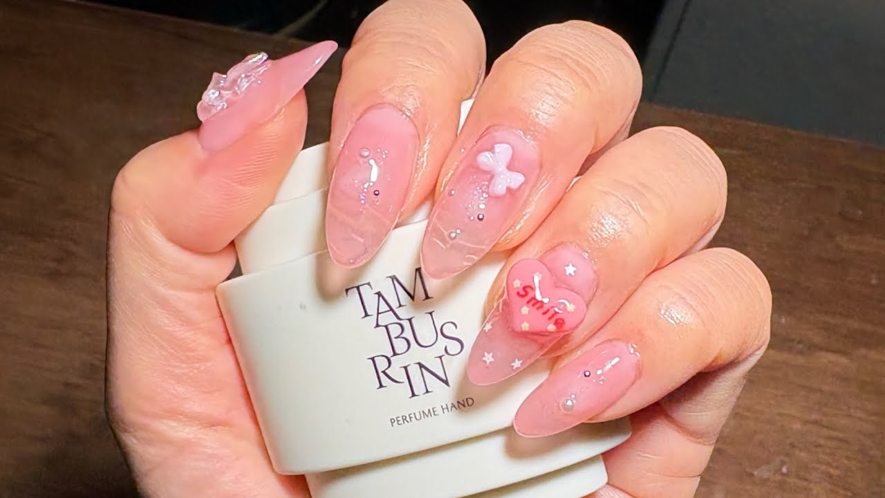 셀프네일 • 팁연장 하고 핑크시럽 네일 • 리본파츠 하트파츠 • 러블리네일💕