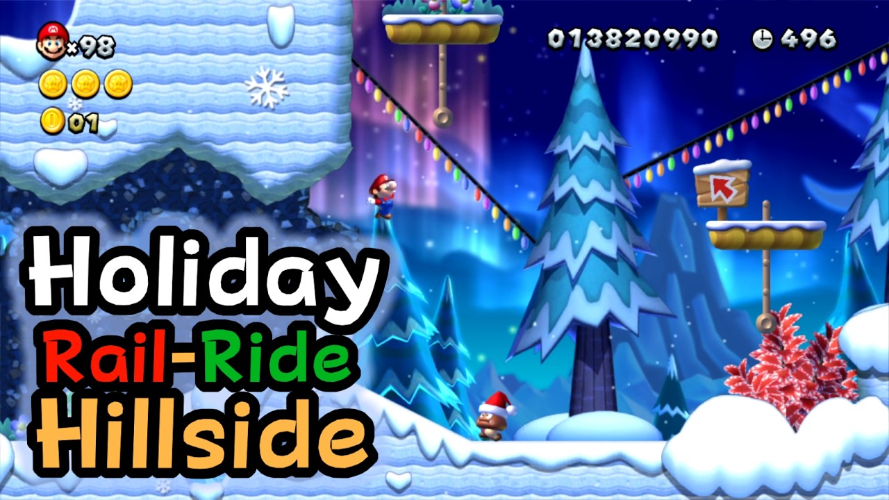 NSMBU Custom Level - Holiday Rail-Ride Hillside