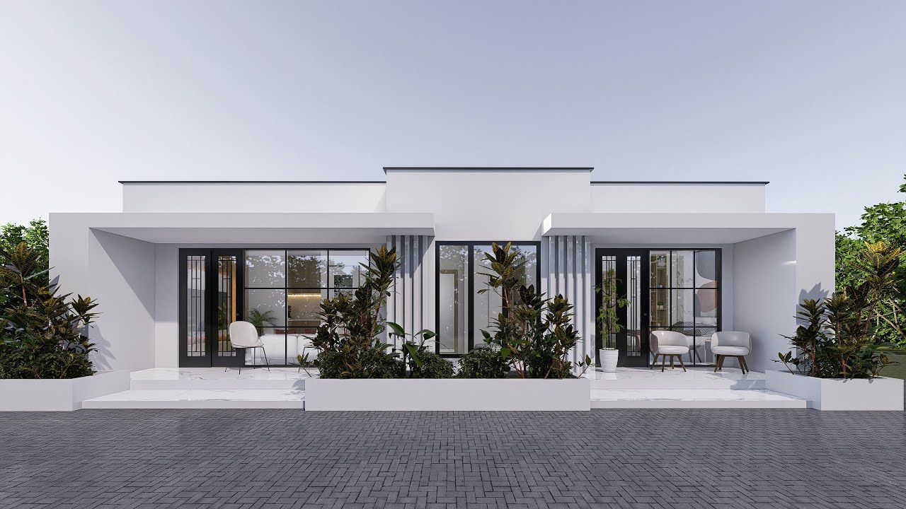 Современный проект одноэтажного дома с 3 спальнями, размеры 12м × 8,7м, планировка 2 ванные комнаты.