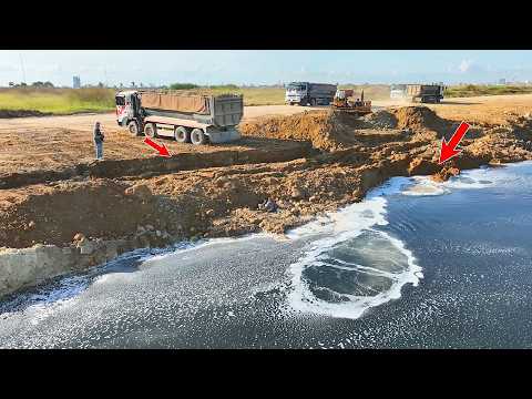 Incredible Land Sink! Slide Down Again Repaire Back with Trucks 25t & Dozer Komatsu D58  Pushing