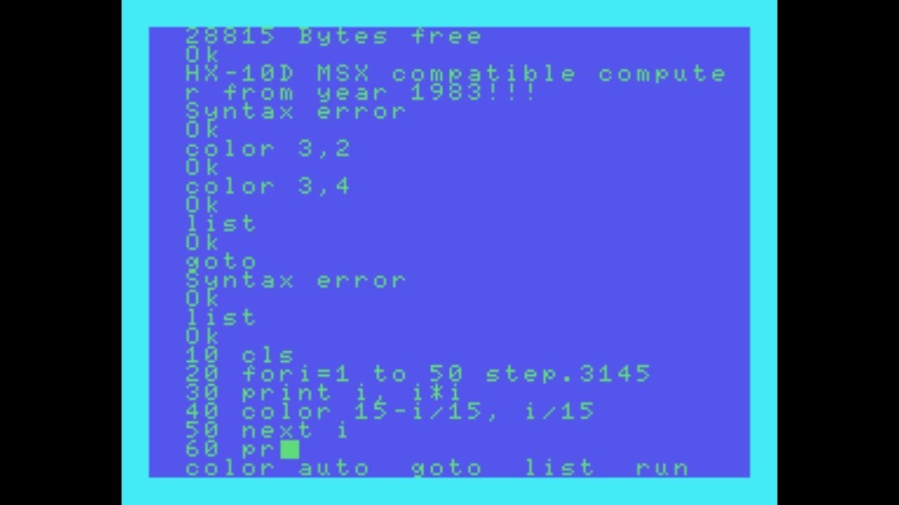 HX-10D [BASIC test] (1983) Toshiba (MSX1, Japan) - YouTube