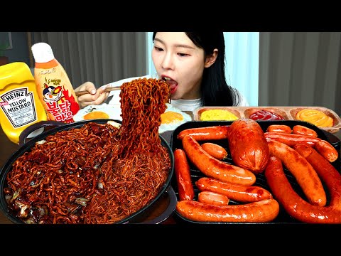 ASMR MUKBANG| 직접 만든 불닭 짜장 버섯 킬바사 소세지 먹방 & 레시피 FRIED SAUSAGE AND FIRE NOODLES EATING