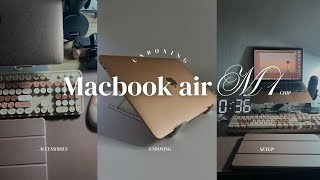 Macbook Air M1 Chip (Gold) Unboxing 2024 || Setup + accessories 🍎💻✨