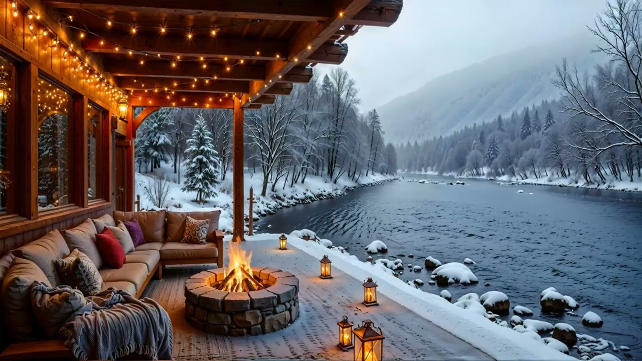 Cozy Winter Fireplace by a River | Snowfall, Flowing Water & Crackling Fire for Deep Sleep
