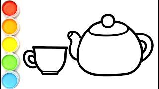 Menggambar dan mewarnai teko dan cangkir untuk anak-anak / Teapot coloring page
