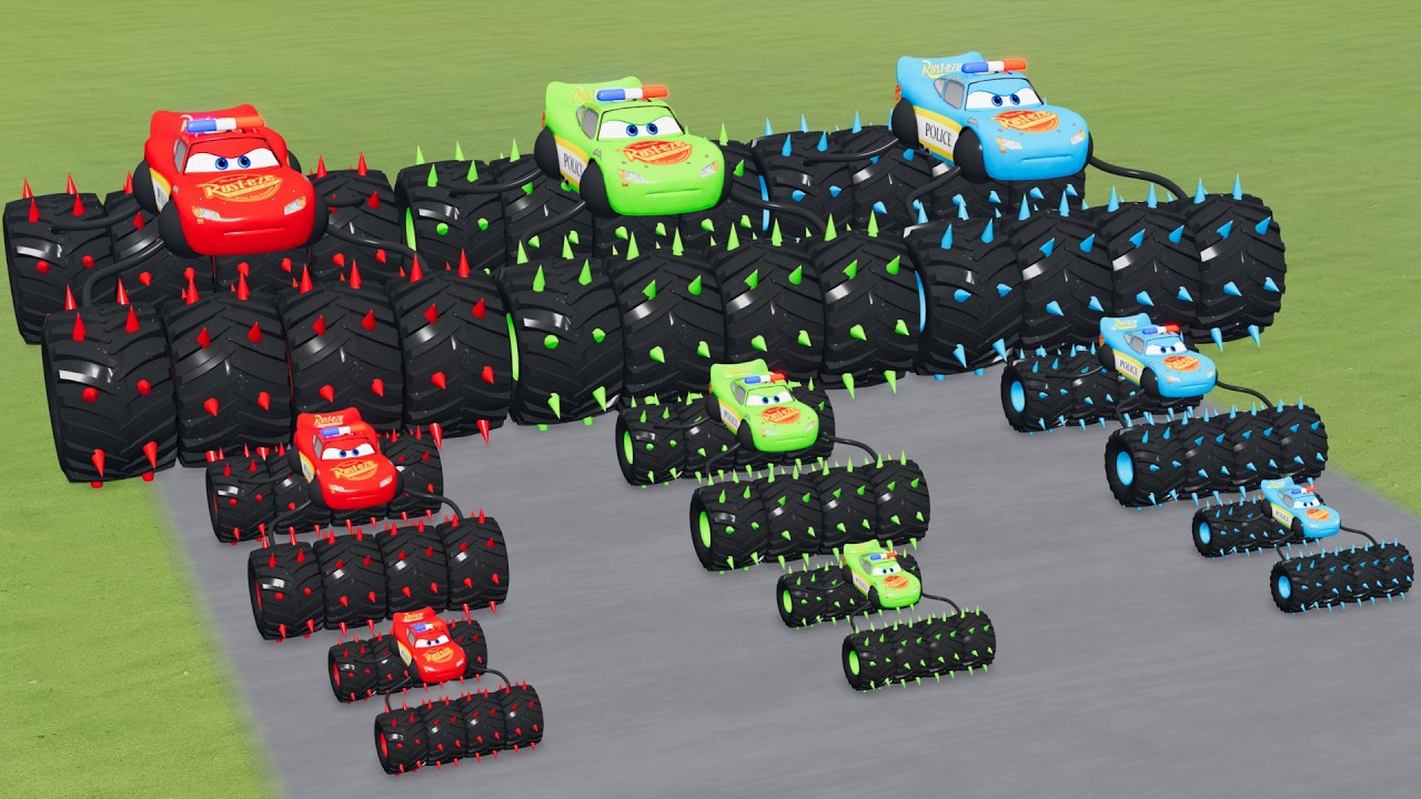 Big & Small Colors Lightning McQueen Police Cars vs Thomas Trains | BeamNG.Drive