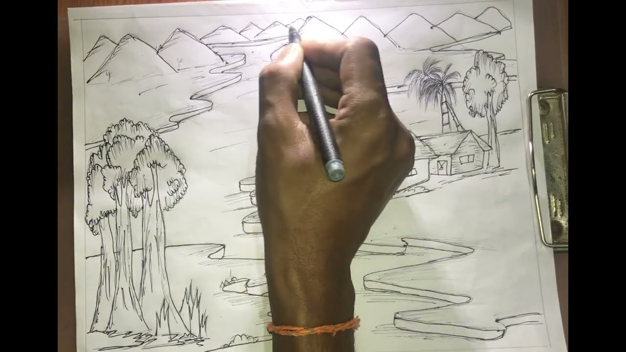 Easy drawing a beautiful scenery with one pen how to draw a scenery 🏞️