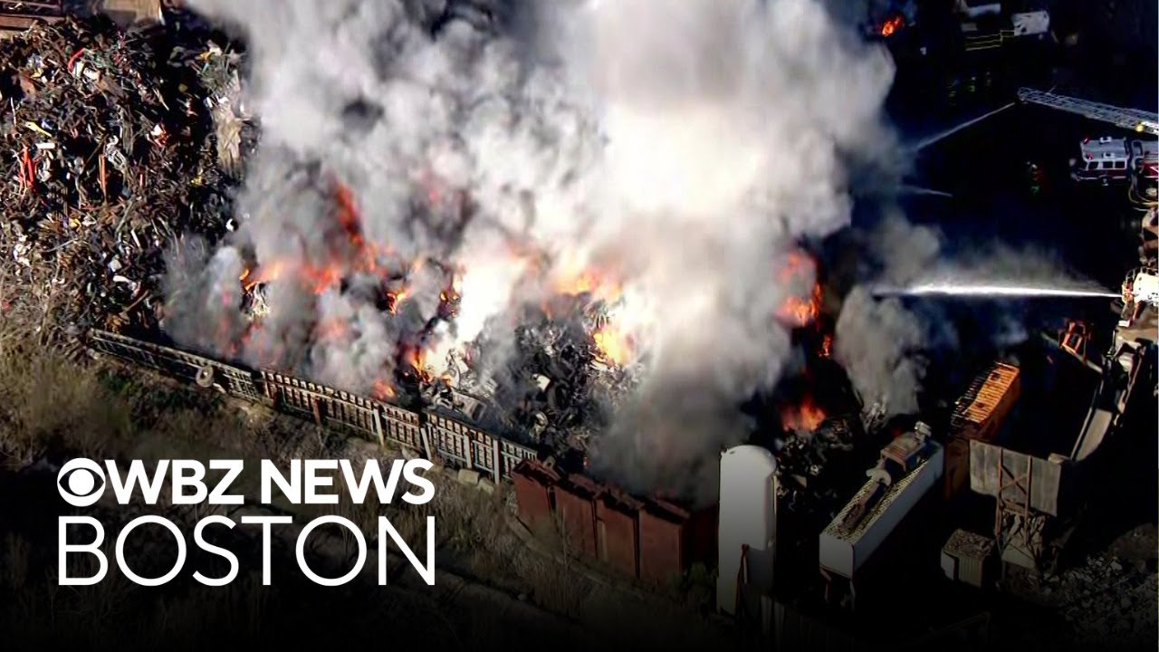 Scrap yard fire shuts down Route 6 in Westport - YouTube