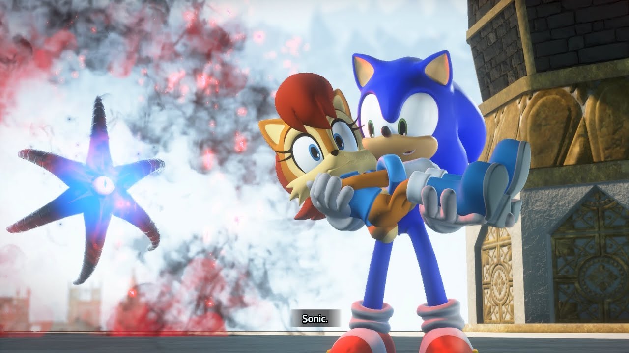 Соник держит мод Салли Экорн в Shadow Generations в стиле Rumble.