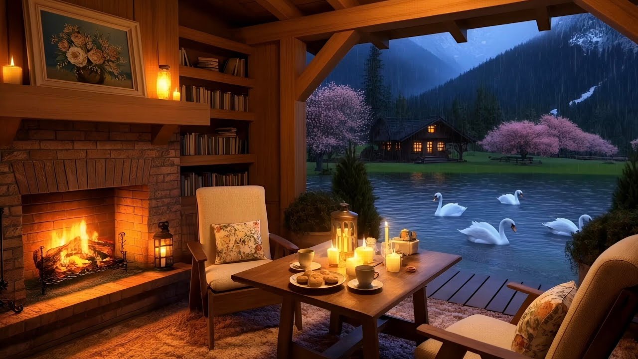 Rainy Spring Lake Evening ☕🔥 Cozy Fireplace & Rain Sounds | Peaceful ...