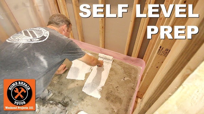 How to Self Level Bathroom Floors Part 2Adding Leveler Over Concrete --  by Home Repair Tutor 