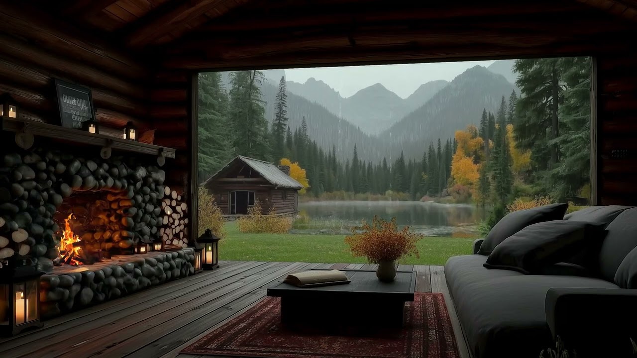 A Cozy Rainy Cabin Night with Fireplace Crackling & Steady Rain Sounds for Deep Sleep and Relaxation