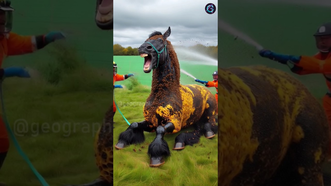 Black horse attacked by honey bees rescued by farmers 