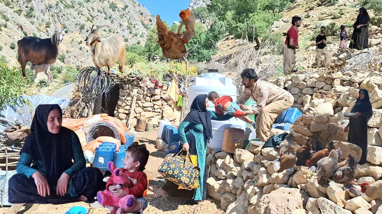 Searching for survival in a nomadic life, collecting firewood, building ...