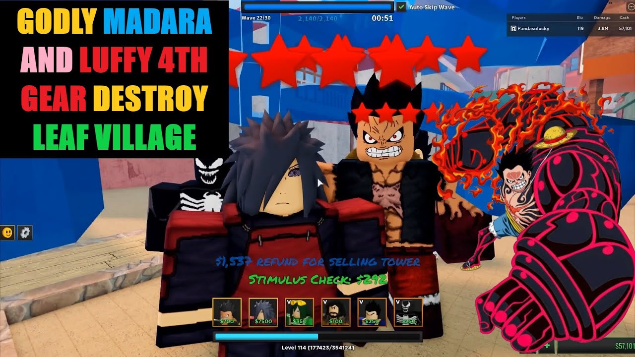 Godly Madara And Luffy 4th Gear Destroy The Hidden Leaf Village Ultimate Tower Defense Youtube - roblox how to get godly equipment on games